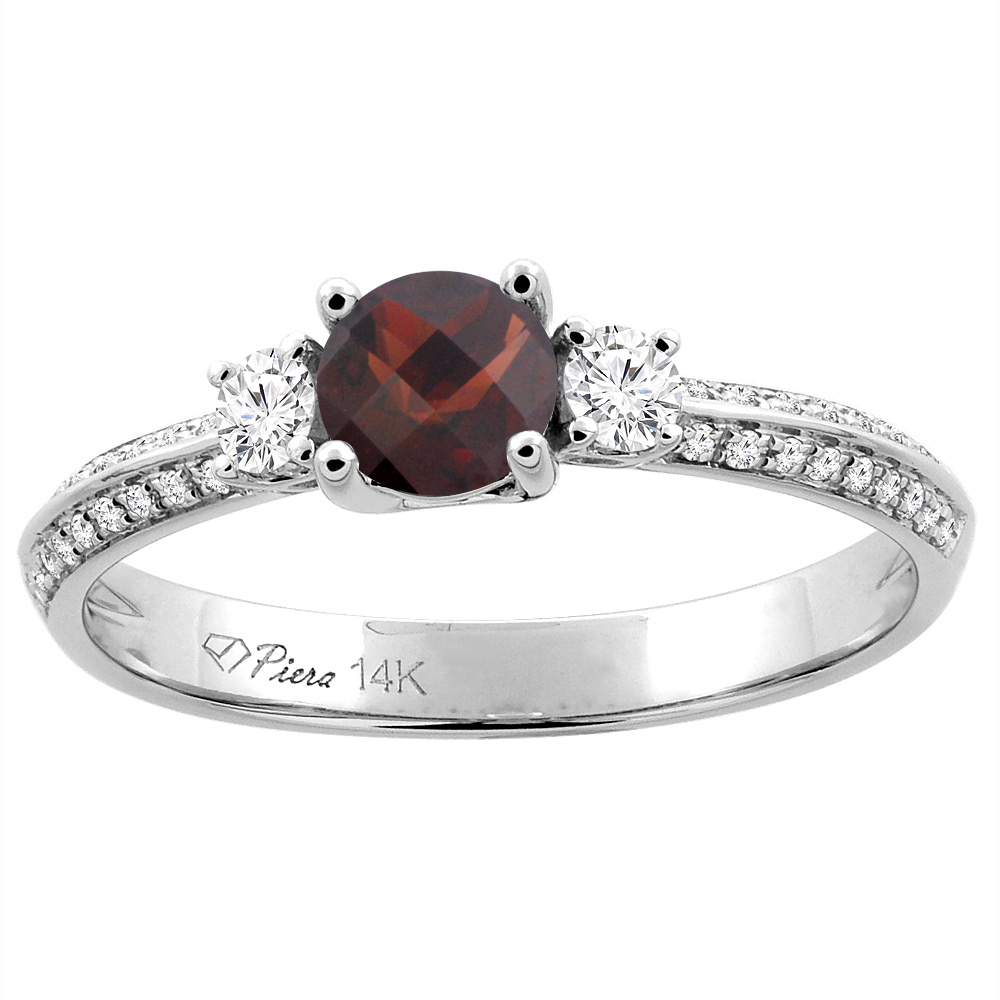 14K White Gold Natural Garnet Engagement Ring Round 5 mm & Diamond Accents, sizes 5 - 10