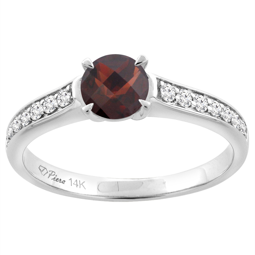 14K White Gold Natural Garnet Engagement Ring Round 6 mm & Diamond Accents, sizes 5 - 10