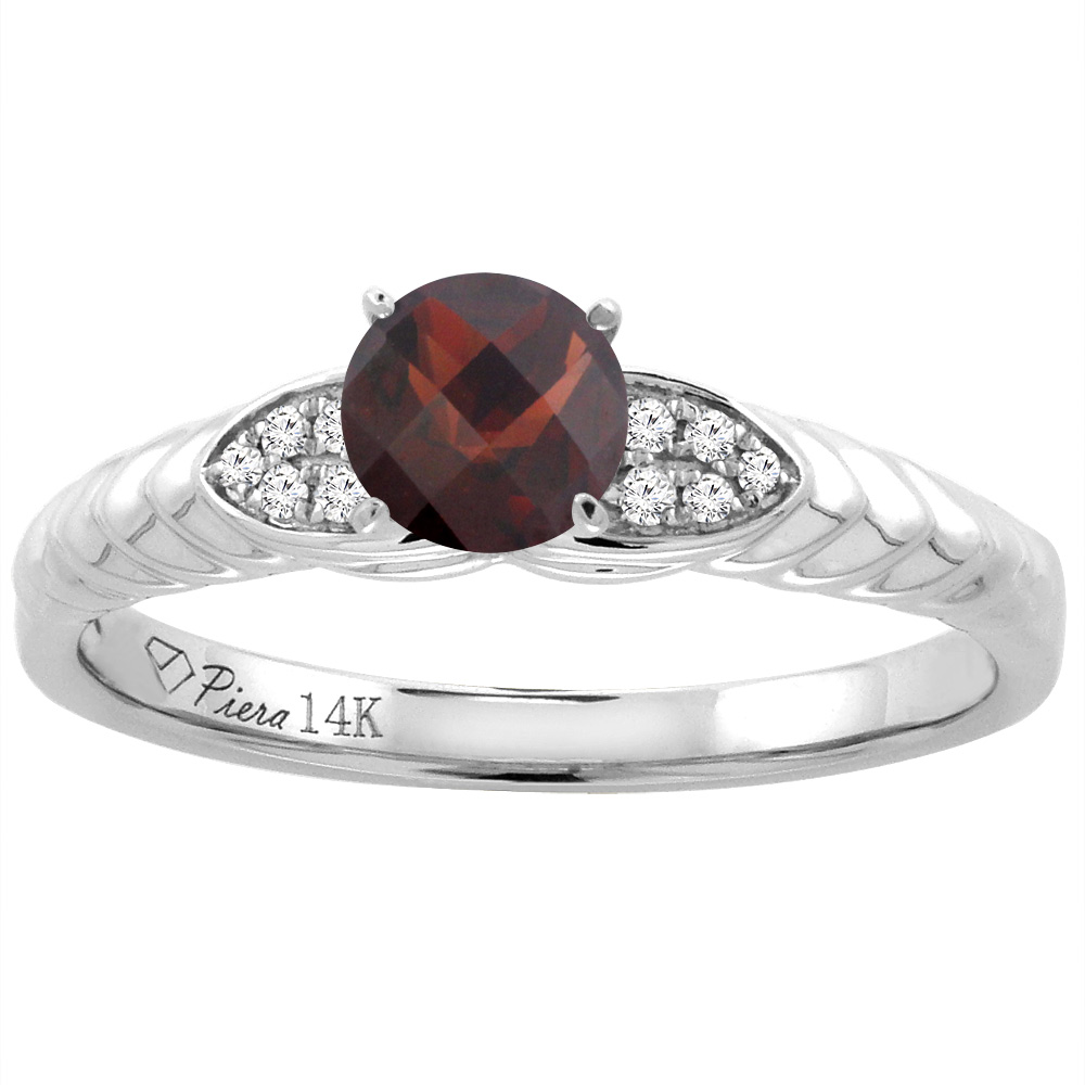 14K White Gold Diamond Natural Garnet Engagement Ring Round 5 mm, sizes 5-10