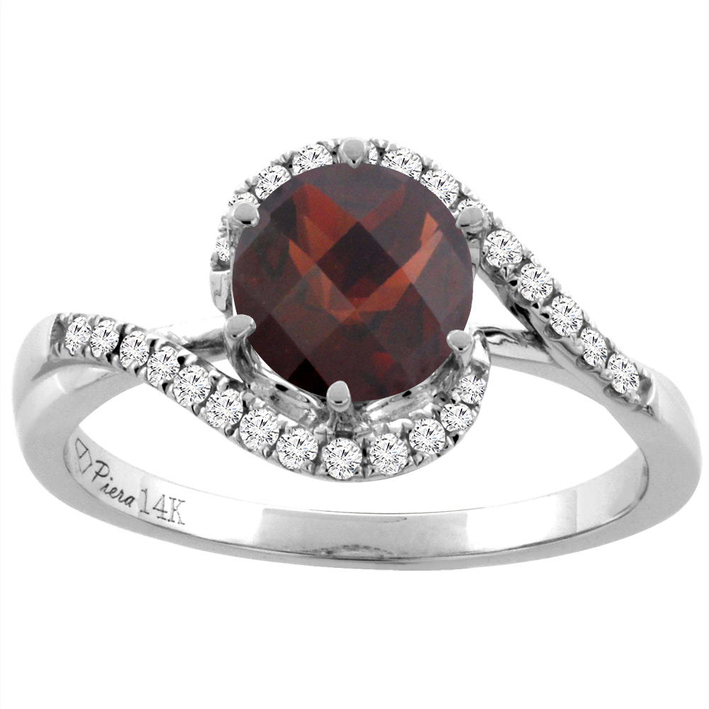 14K White Gold Diamond Natural Garnet Bypass Engagement Ring Round 7 mm, sizes 5-10