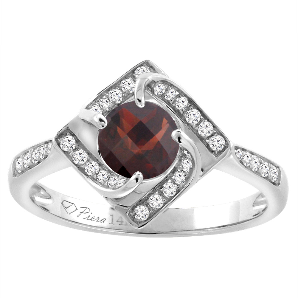 14K White Gold Diamond Natural Garnet Engagement Ring Round 7 mm, sizes 5-10