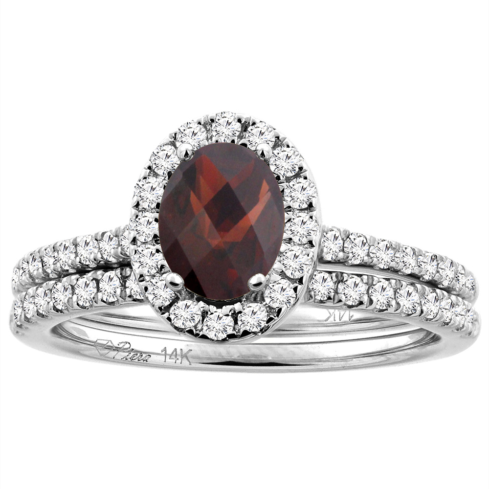 14K White/Yellow Gold Diamond Halo Natural Garnet 2pc Engagement Ring Set Oval 7x5 mm, sizes 5-10