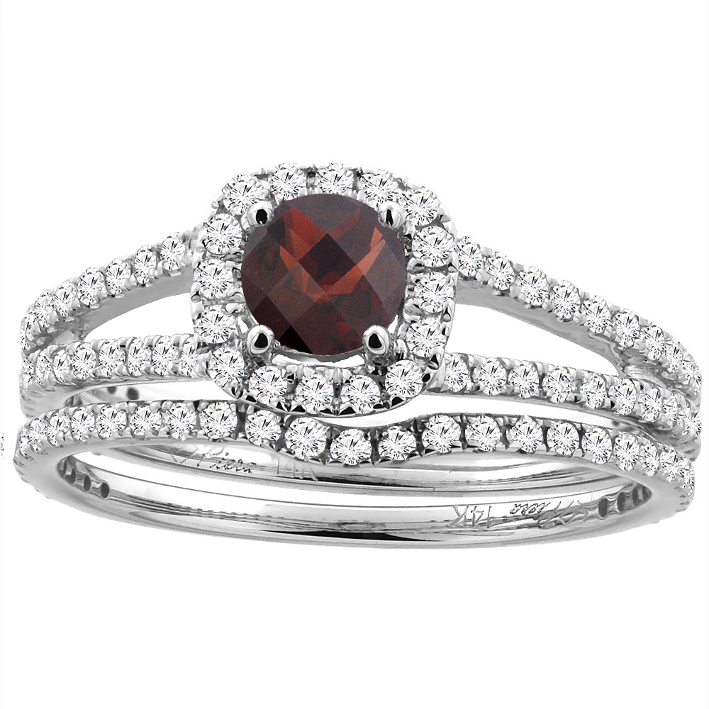 14K White Gold Diamond Halo Natural Garnet 2pc Engagement Ring Set Round 5 mm, sizes 5-10