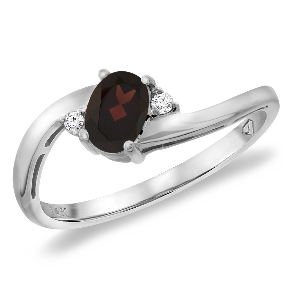 14K White Gold Diamond Natural Garnet Bypass Engagement Ring Oval 6x4 mm, sizes 5 -10