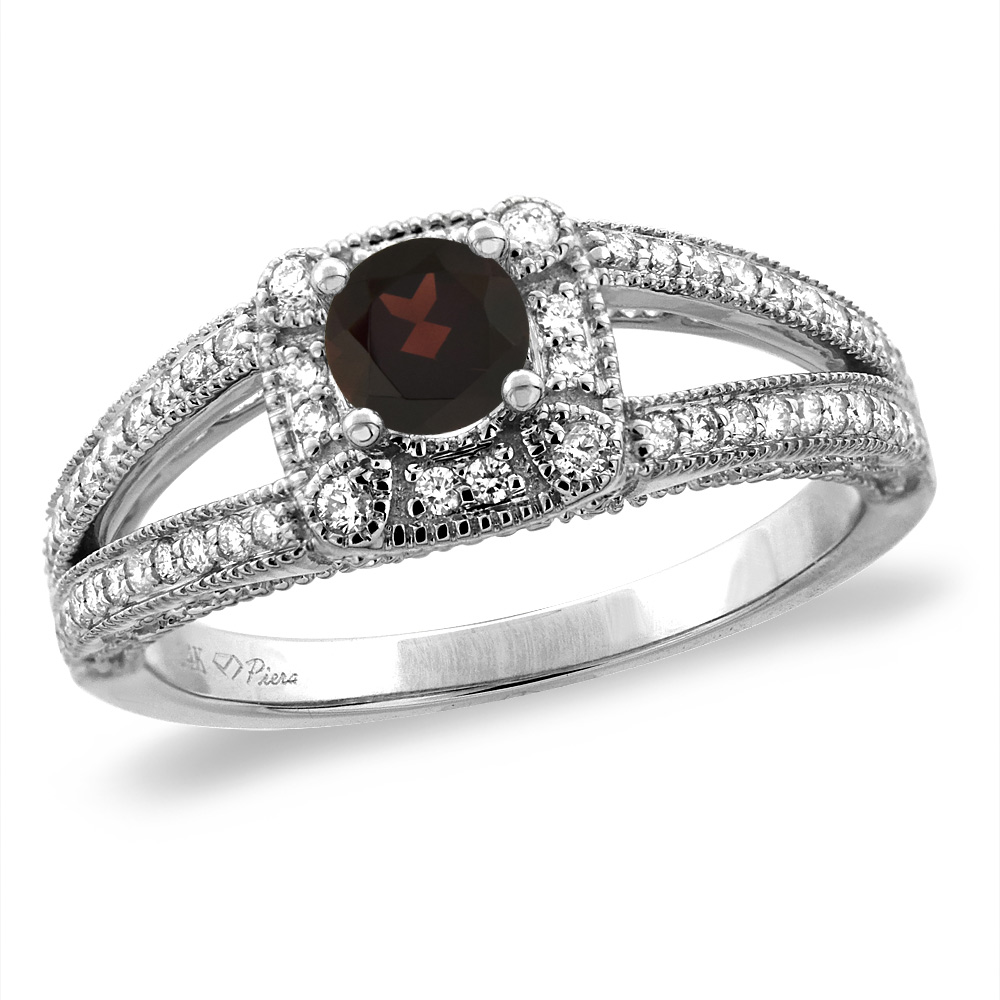 14K White/Yellow Gold Diamond Natural Garnet Halo Engagement Ring Split Shank Round 4 mm, sizes 5 -10