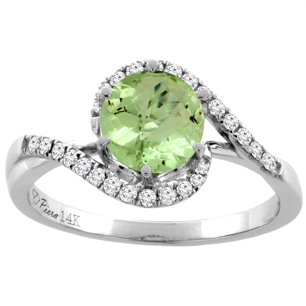 14K White Gold Diamond Natural Peridot Bypass Engagement Ring Round 7 mm, sizes 5-10