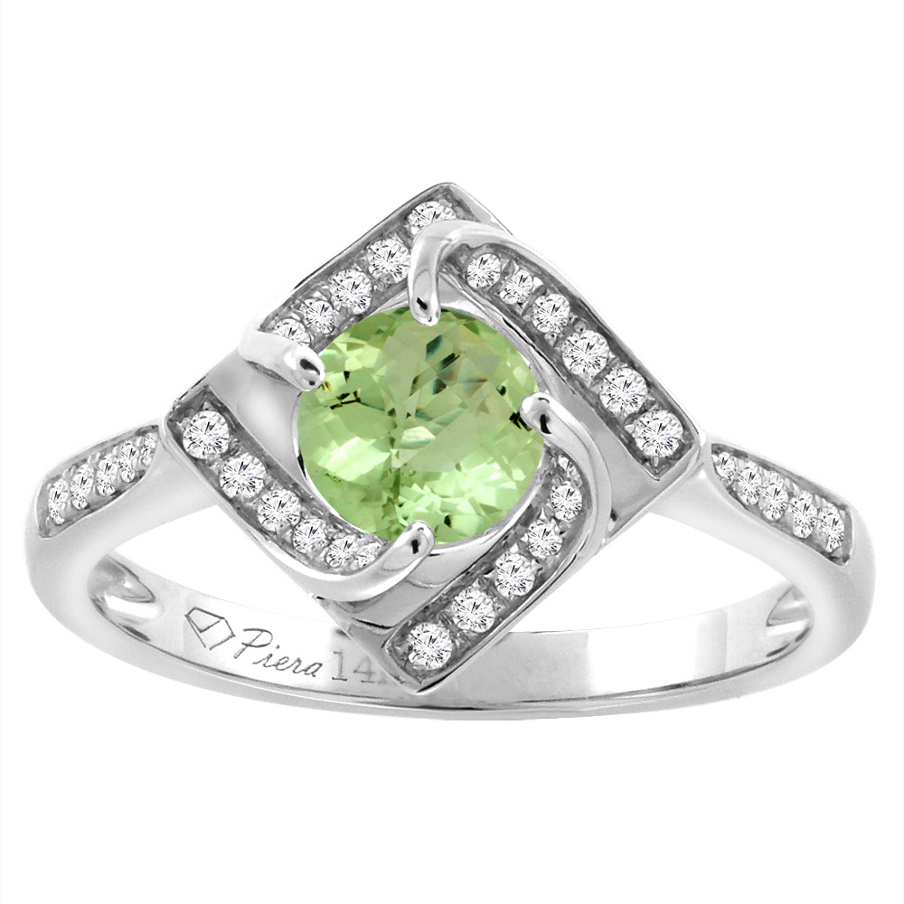 14K White Gold Diamond Natural Peridot Engagement Ring Round 7 mm, sizes 5-10