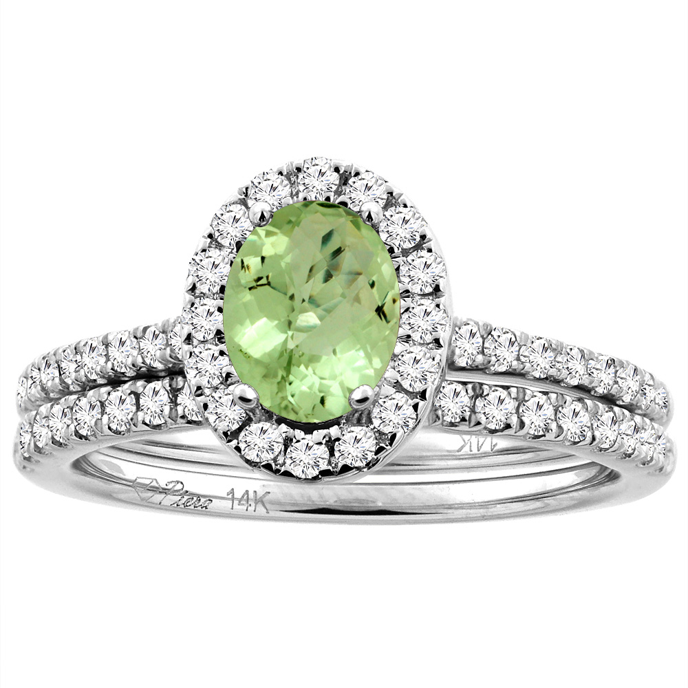 14K White/Yellow Gold Diamond Halo Natural Peridot 2pc Engagement Ring Set Oval 7x5 mm, sizes 5-10