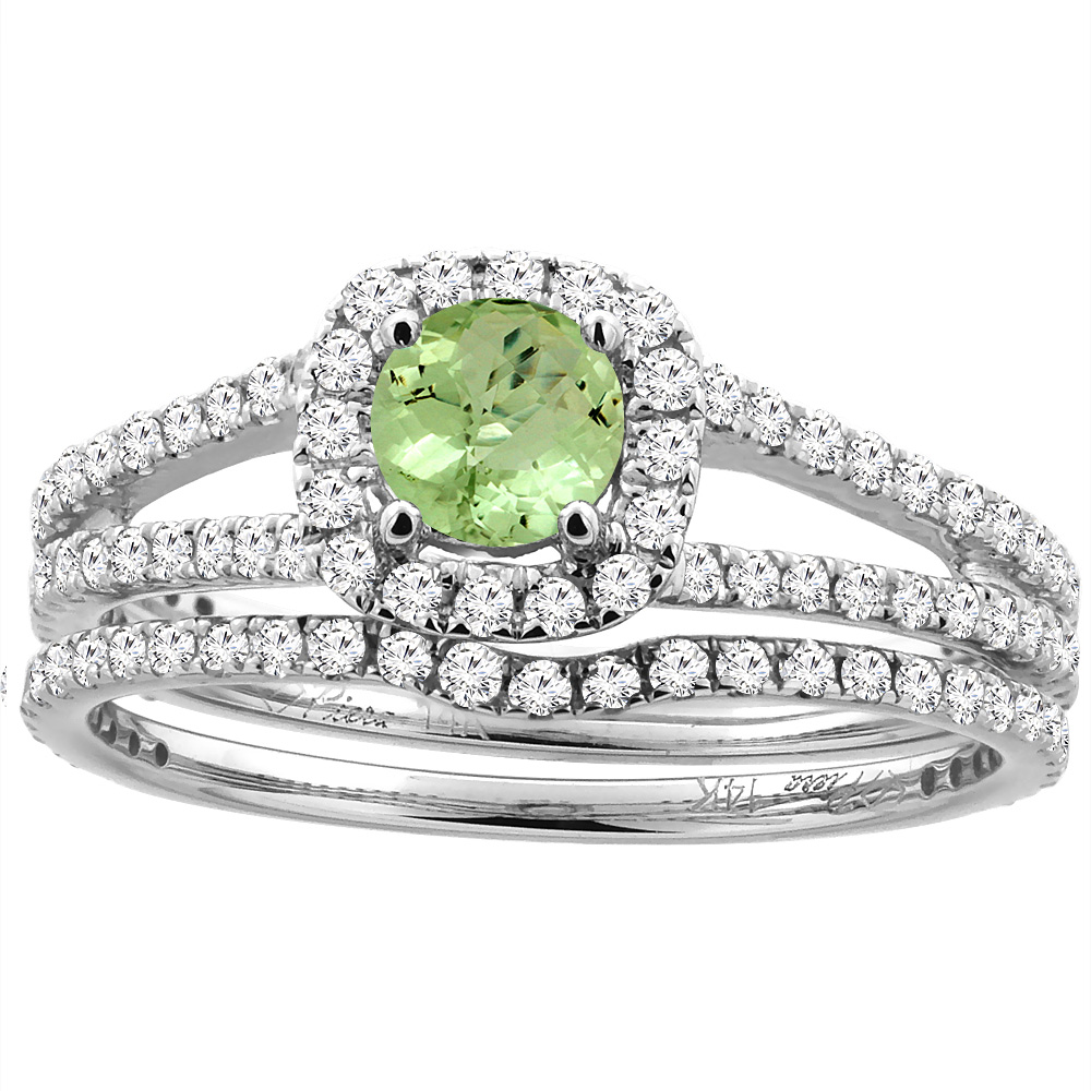 14K White Gold Diamond Halo Natural Peridot 2pc Engagement Ring Set Round 5 mm, sizes 5-10