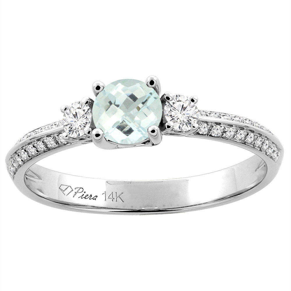 14K White Gold Natural Aquamarine Engagement Ring Round 5 mm & Diamond Accents, sizes 5 - 10