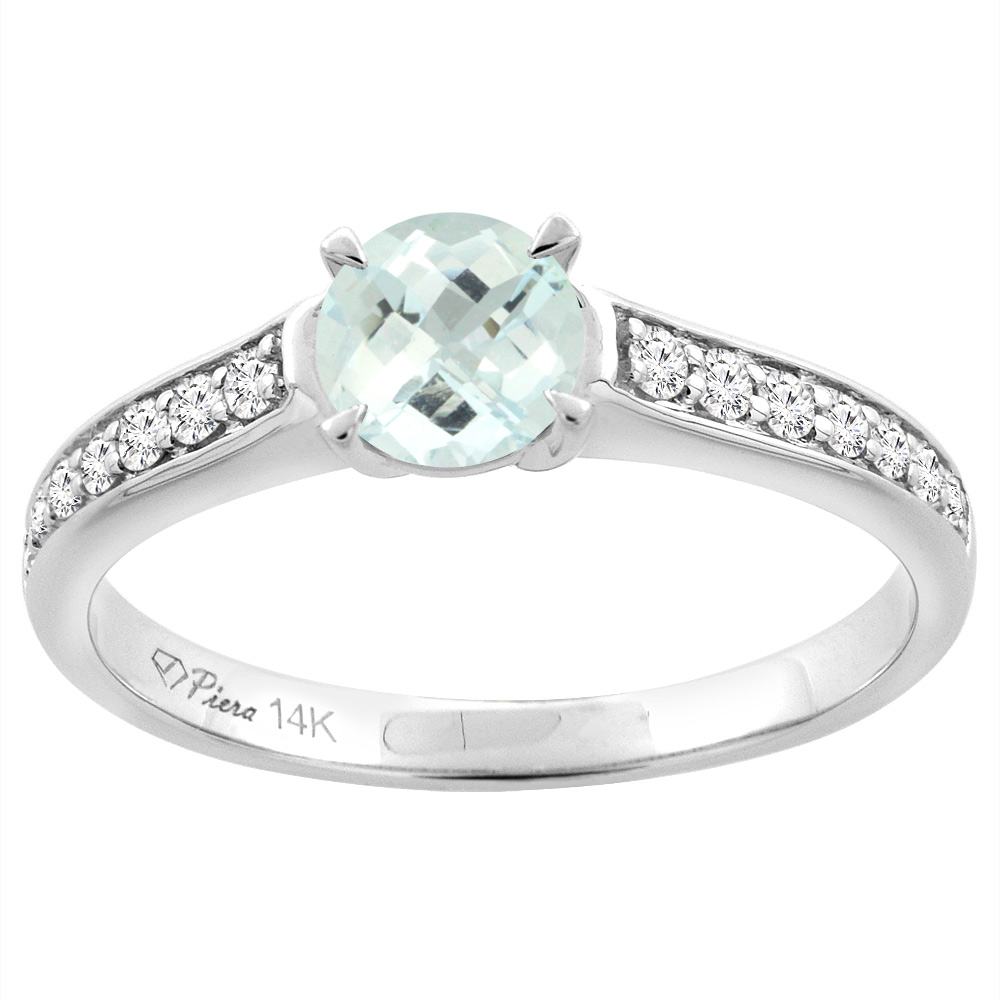 14K White Gold Natural Aquamarine Engagement Ring Round 6 mm & Diamond Accents, sizes 5 - 10