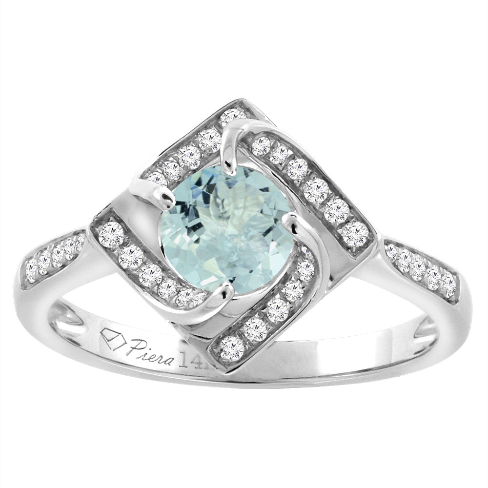 14K White Gold Diamond Natural Aquamarine Engagement Ring Round 7 mm, sizes 5-10