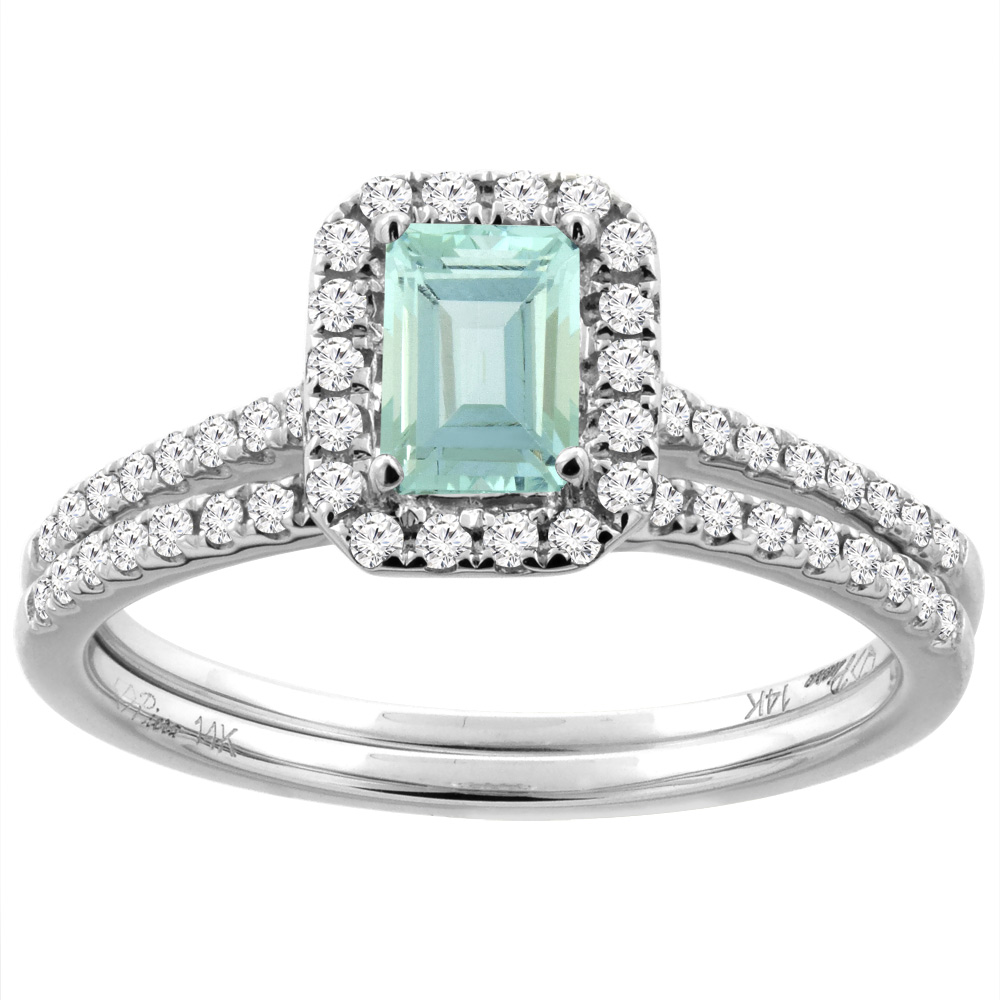 14K White/Yellow Gold Diamond Halo Natural Aquamarine 2pc Engagement Ring Set Octagon 7x5 mm, sizes 5-10