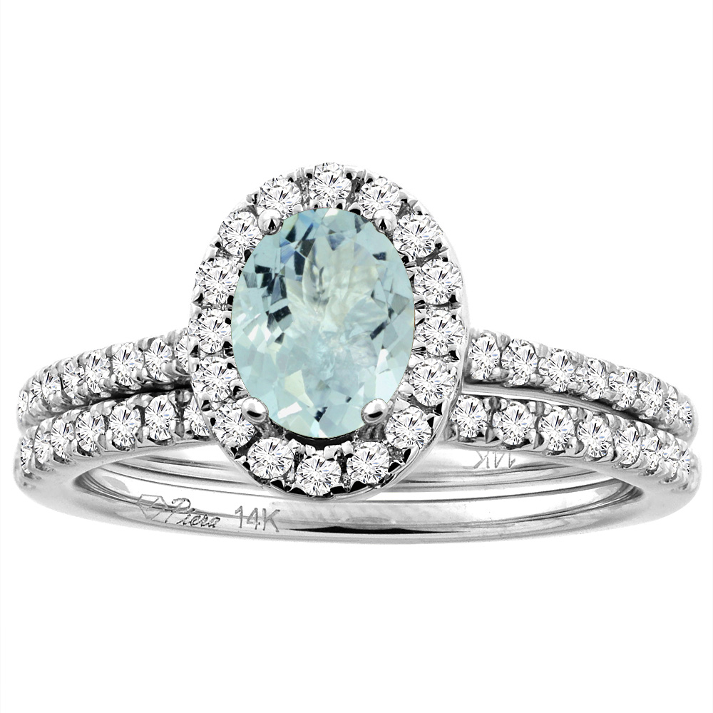 14K White/Yellow Gold Diamond Halo Natural Aquamarine 2pc Engagement Ring Set Oval 7x5 mm, sizes 5-10