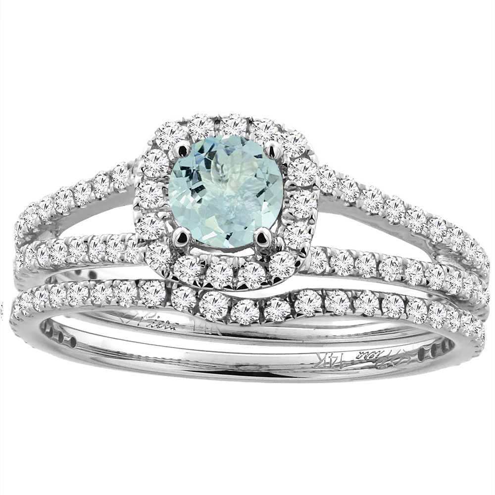 14K White Gold Diamond Halo Natural Aquamarine 2pc Engagement Ring Set Round 5 mm, sizes 5-10