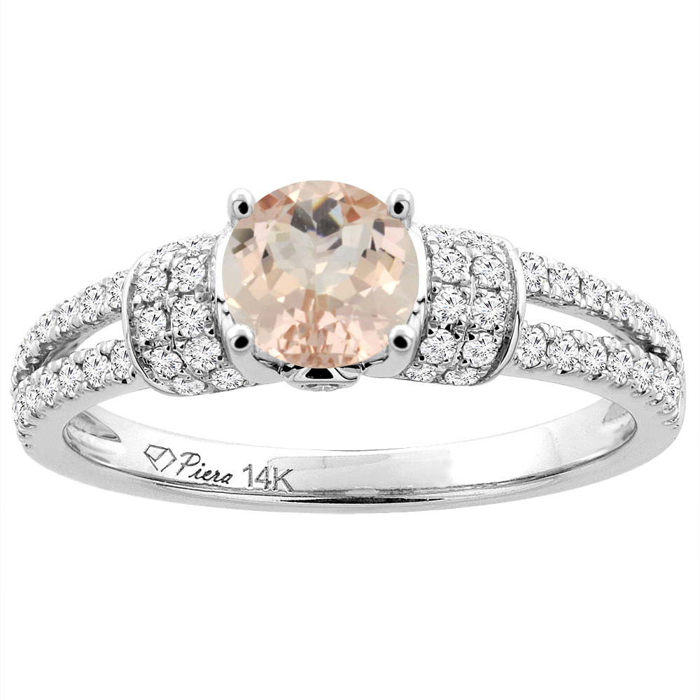 14K White Gold Natural Morganite Engagement Ring Round 6 mm & Diamond Accents, sizes 5 - 10