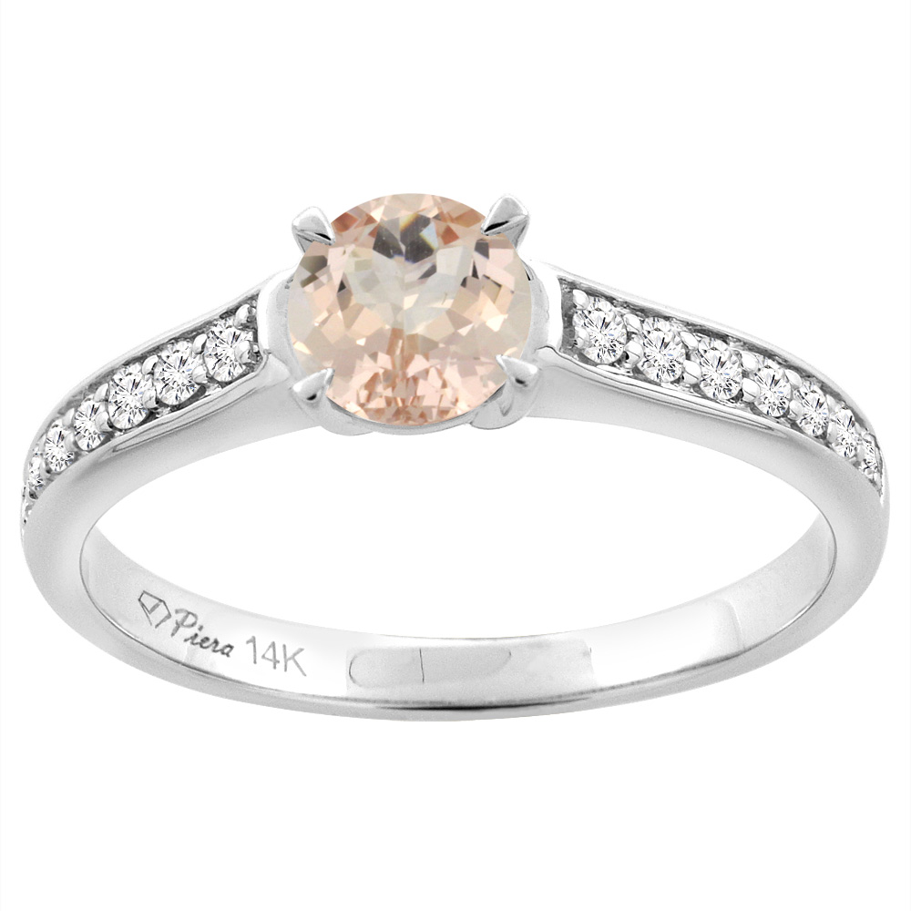 14K White Gold Natural Morganite Engagement Ring Round 6 mm & Diamond Accents, sizes 5 - 10