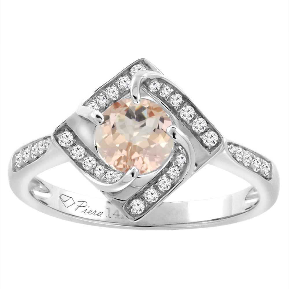 14K White Gold Diamond Natural Morganite Engagement Ring Round 7 mm, sizes 5-10