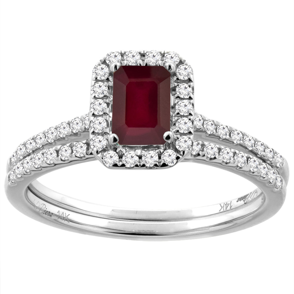 14K White/Yellow Gold Diamond Halo Enhanced Genuine Ruby 2pc Engagement Ring Set Octagon 7x5 mm, sizes 5-10