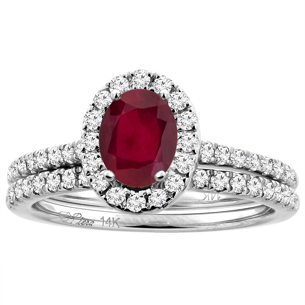 14K White/Yellow Gold Diamond Halo Enhanced Genuine Ruby 2pc Engagement Ring Set Oval 7x5 mm, sizes 5-10