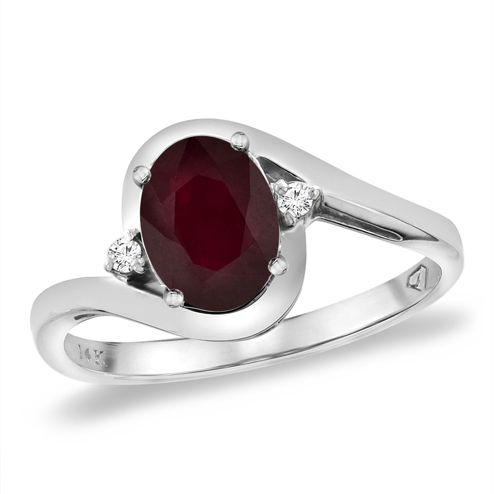 14K White Gold Diamond Enhanced Genuine Ruby Bypass Engagement Ring Oval 8x6 mm, sizes 5 -10