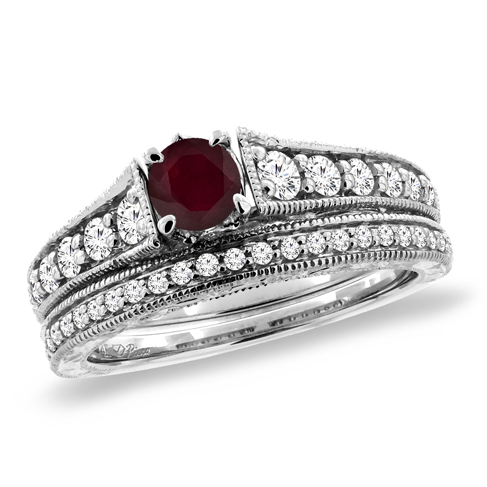 14K White Gold Diamond Enhanced Genuine Ruby 2pc Engagement Ring Set Round 5 mm, sizes 5-10