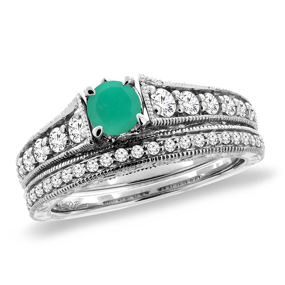 14K White Gold Diamond Natural Emerald 2pc Engagement Ring Set Round 5 mm, sizes 5-10