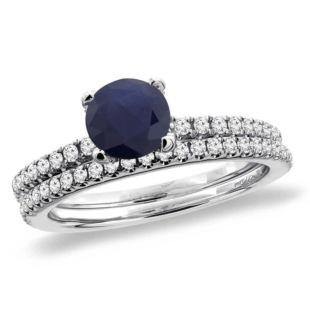 14K White Gold Diamond Natural Blue Sapphire 2pc Engagement Ring Set Round 5 mm, sizes 5-10