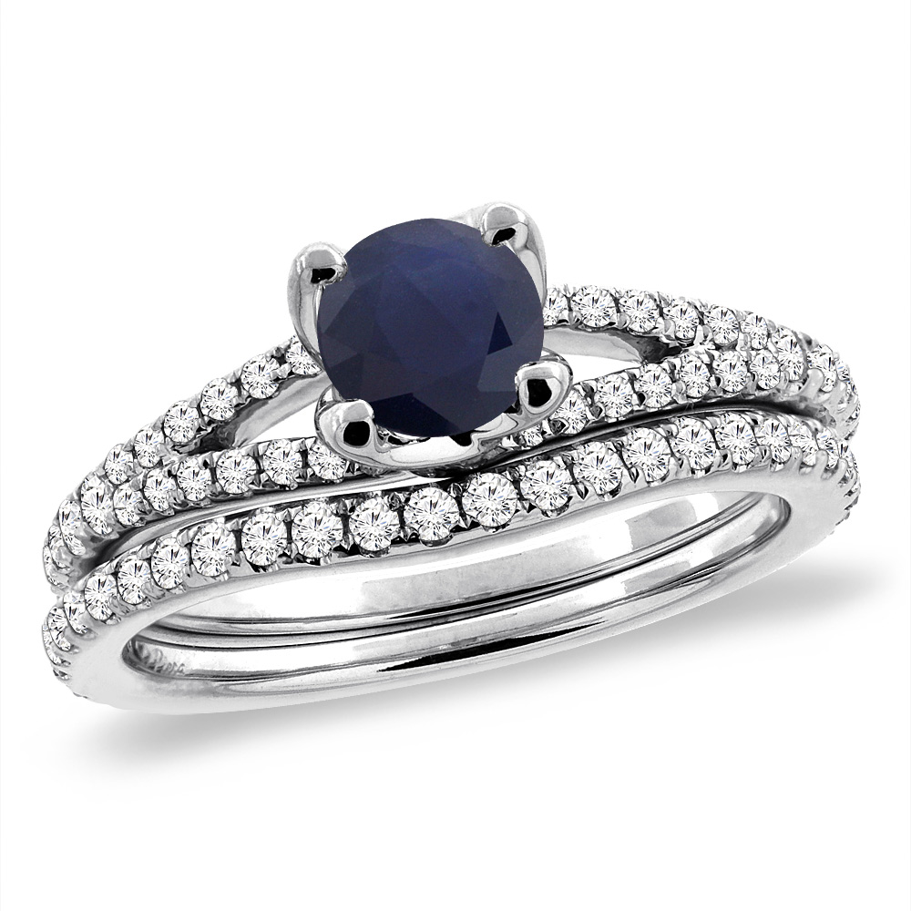 14K White Gold Diamond Natural Blue Sapphire 2pc Engagement Ring Set Round 5 mm, sizes 5-10