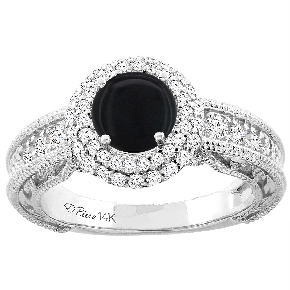 14K Yellow Gold Natural Black Onyx & Diamond Halo Ring Round 6 mm, sizes 5-10