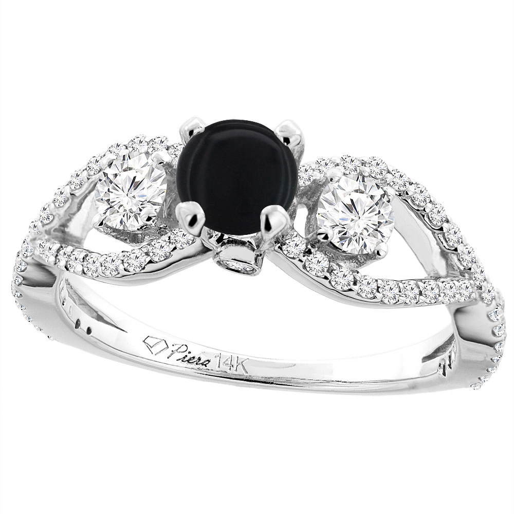 14K White Gold Natural Black Onyx &amp; Diamond Ring Round 6 mm, sizes 5-10