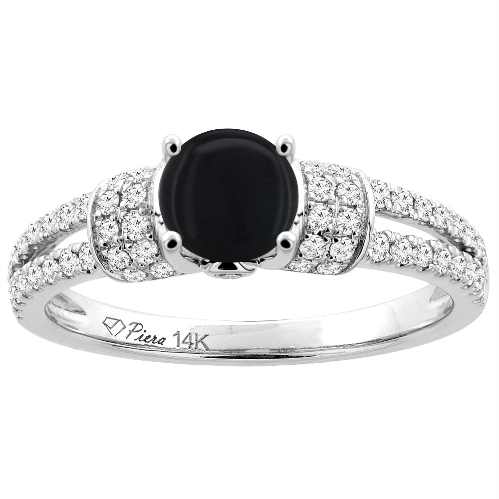 14K White Gold Natural Black Onyx Engagement Ring Round 6 mm & Diamond Accents, sizes 5 - 10