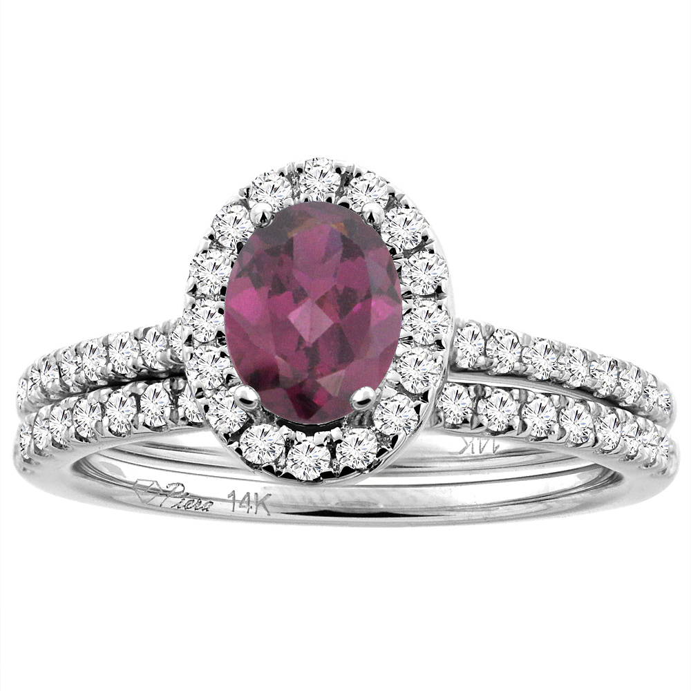 14K White/Yellow Gold Diamond Halo Natural Rhodolite 2pc Engagement Ring Set Oval 7x5 mm, sizes 5-10