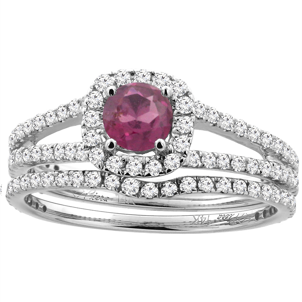 14K White Gold Diamond Halo Natural Rhodolite 2pc Engagement Ring Set Round 5 mm, sizes 5-10