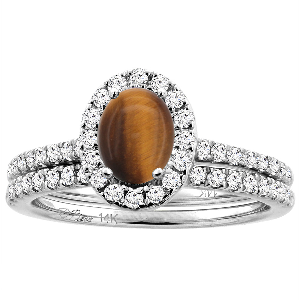 14K White/Yellow Gold Diamond Halo Natural Tiger Eye 2pc Engagement Ring Set Oval 7x5 mm, sizes 5-10