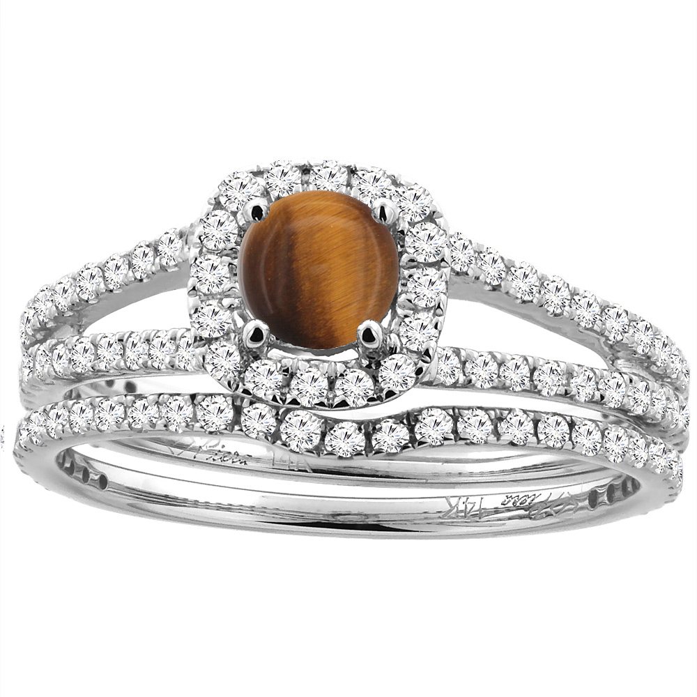 14K White Gold Diamond Halo Natural Tiger Eye 2pc Engagement Ring Set Round 5 mm, sizes 5-10