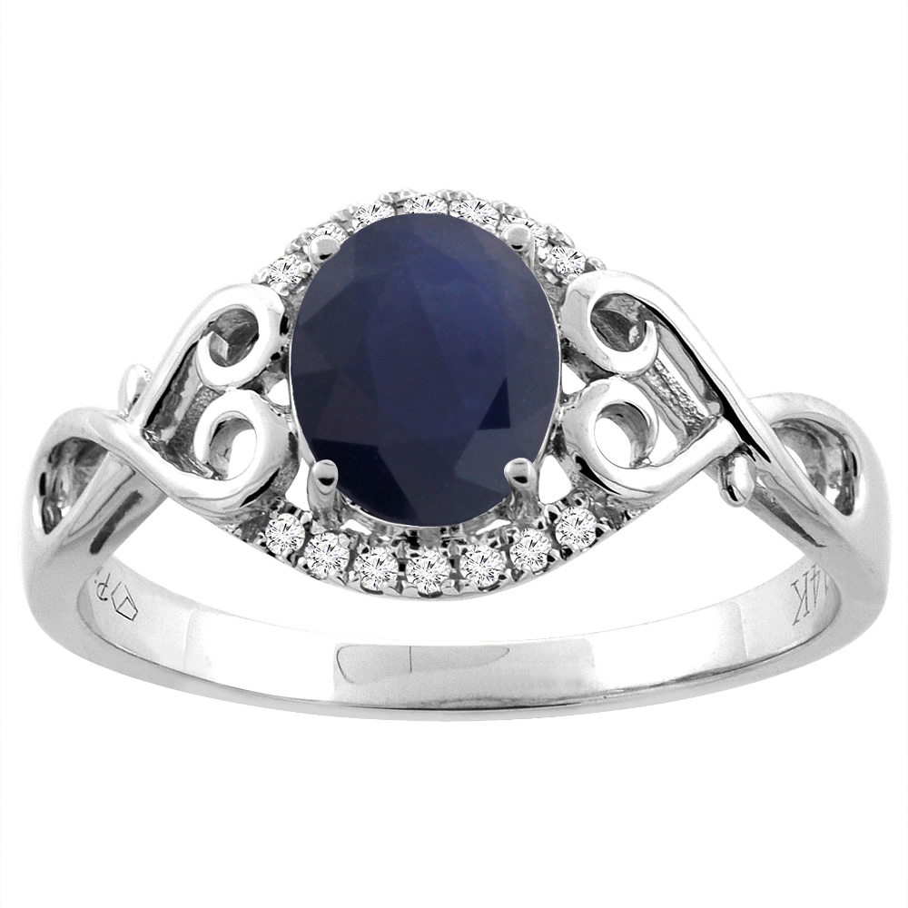 14K Gold Natural Australian Sapphire Ring Oval 8x6 mm Diamond &amp; Heart Accents, sizes 5 - 10