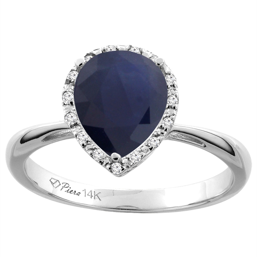 14K White Gold Natural Diffused Ceylon Sapphire &amp; Diamond Halo Engagement Ring Pear Shape 9x7 mm, sizes 5-10
