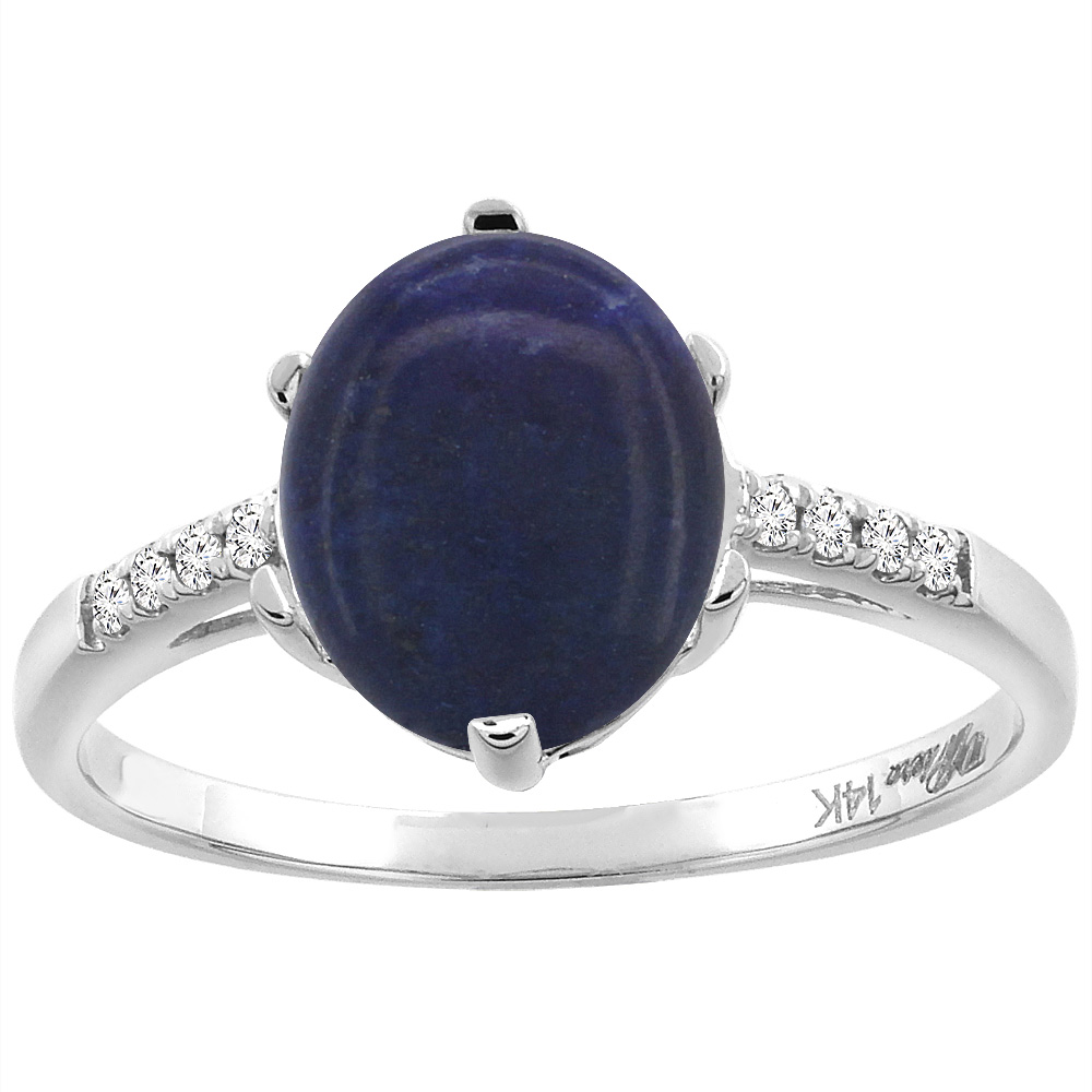 14K White Gold Natural Lapis & Diamond Ring Oval 10x8 mm, sizes 5-10