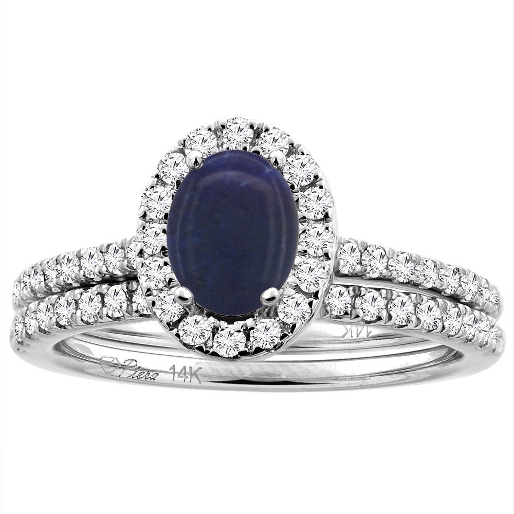 14K White/Yellow Gold Diamond Halo Natural Lapis 2pc Engagement Ring Set Oval 7x5 mm, sizes 5-10