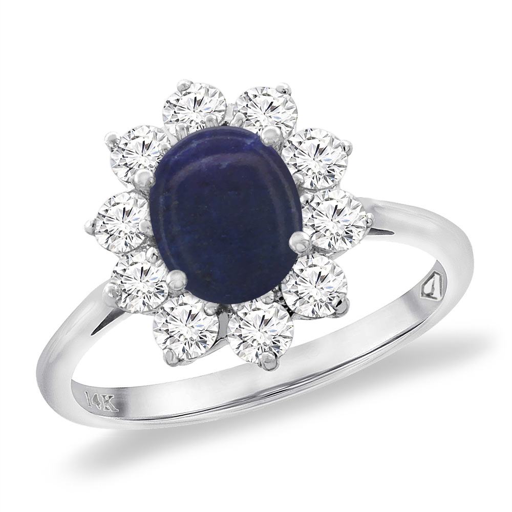 14K White Gold Diamond Natural Lapis Engagement Ring Oval 8x6 mm, sizes 5 -10