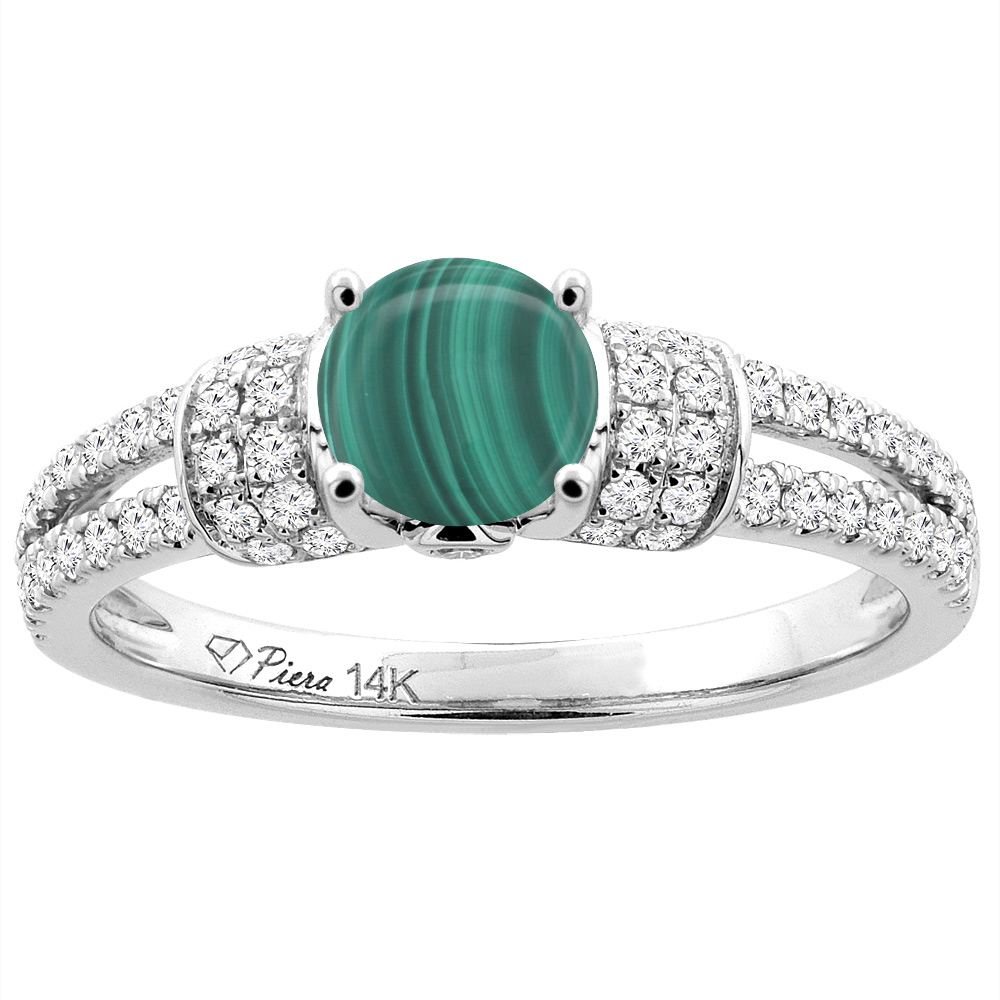 14K White Gold Natural Malachite Engagement Ring Round 6 mm & Diamond Accents, sizes 5 - 10