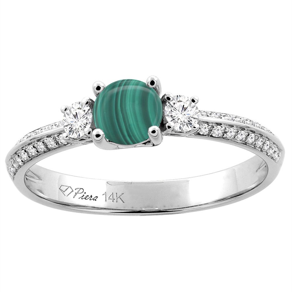 14K White Gold Natural Malachite Engagement Ring Round 5 mm & Diamond Accents, sizes 5 - 10