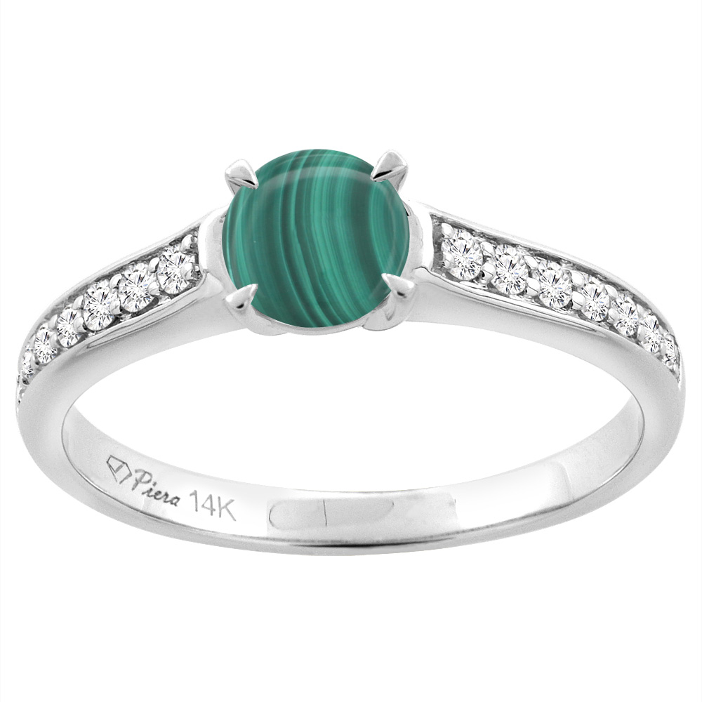 14K White Gold Natural Malachite Engagement Ring Round 6 mm & Diamond Accents, sizes 5 - 10