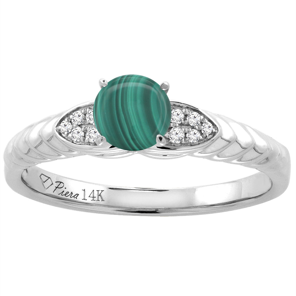 14K White Gold Diamond Natural Malachite Engagement Ring Round 5 mm, sizes 5-10