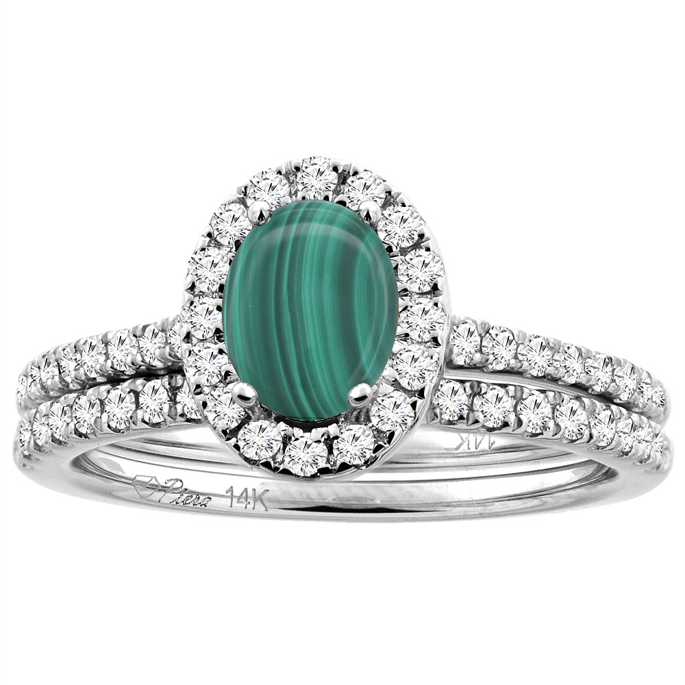 14K White/Yellow Gold Diamond Halo Natural Malachite 2pc Engagement Ring Set Oval 7x5 mm, sizes 5-10