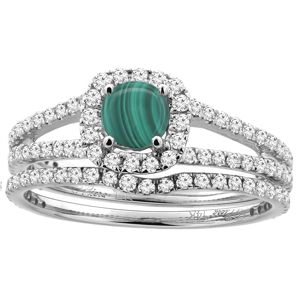 14K White Gold Diamond Halo Natural Malachite 2pc Engagement Ring Set Round 5 mm, sizes 5-10