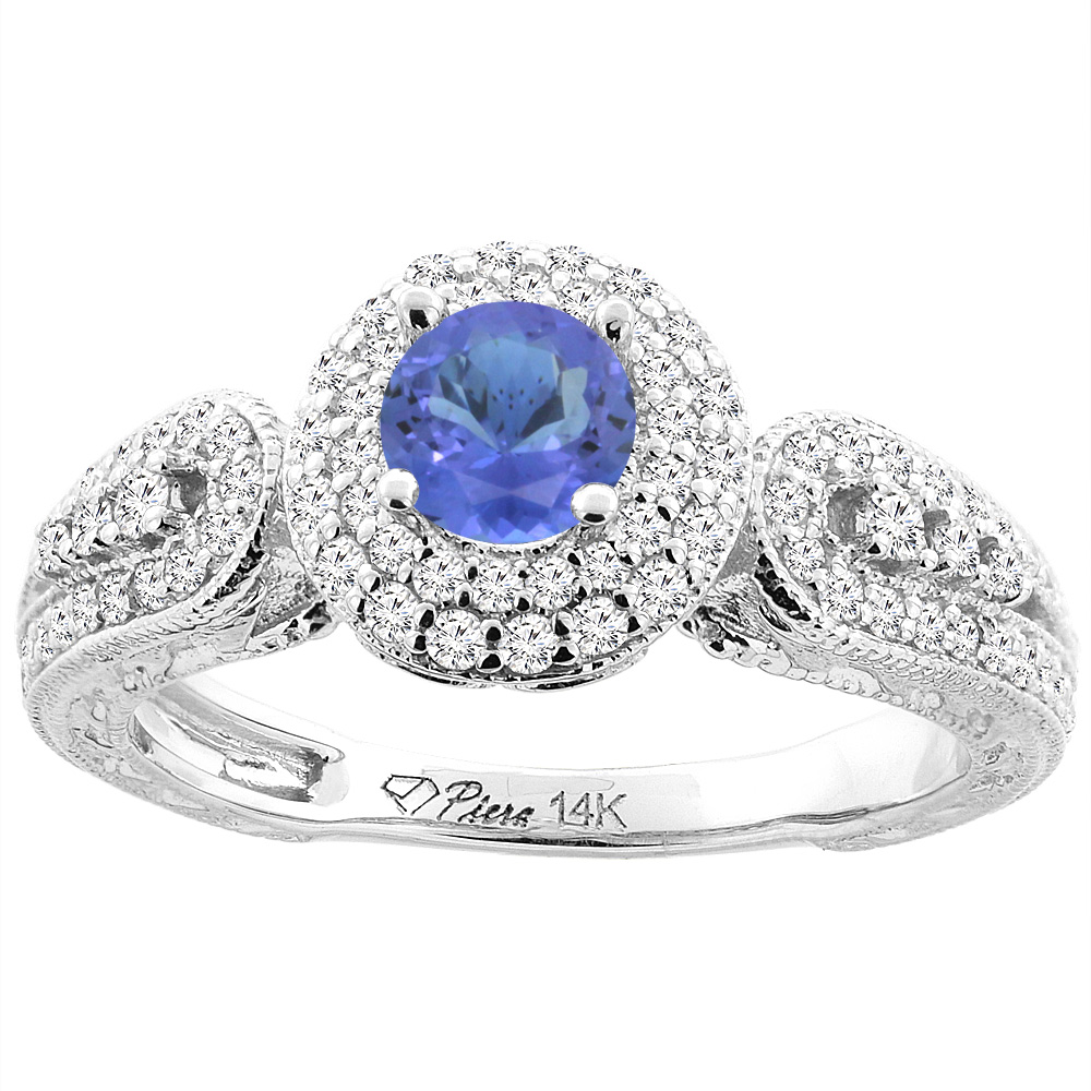 14K Yellow Gold Natural Tanzanite & Diamond Halo Ring Round 5 mm, sizes 5-10