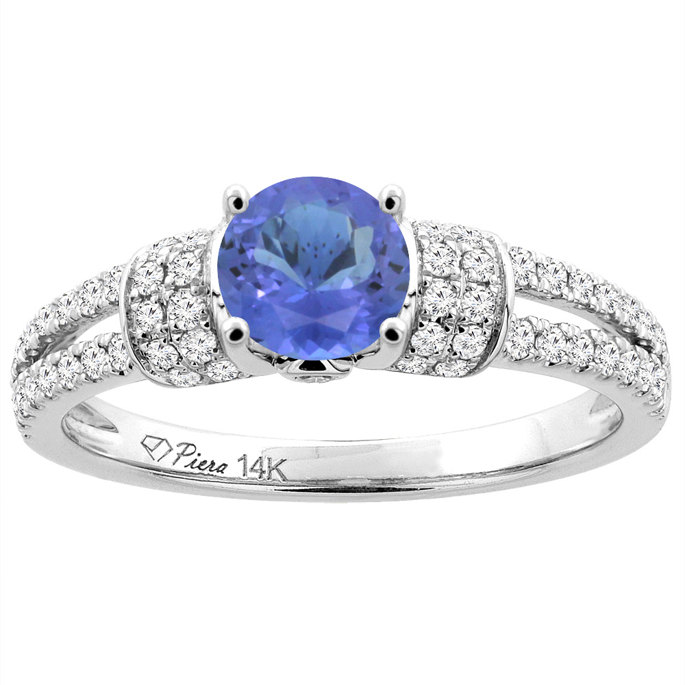 14K White Gold Natural Tanzanite Engagement Ring Round 6 mm & Diamond Accents, sizes 5 - 10