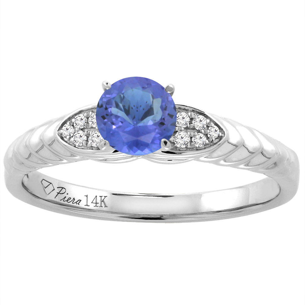 14K White Gold Diamond Natural Tanzanite Engagement Ring Round 5 mm, sizes 5-10